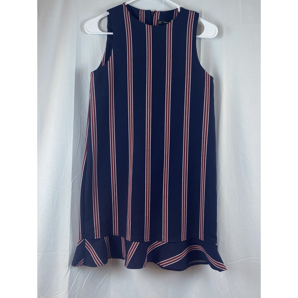 Zara Trafaluc Collection Dress Navy Red Striped Shift Ruffle Hem Women's Side XS